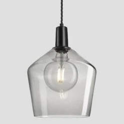 Sleek Tinted Glass Schoolhouse Pendant - 10 Inch - Smoke Grey -Lumi Home Shop 10 Inch Pendant TintedGlassSmokeGrey Industville Lighting Schoolhouse BlackHolder Sleek SL TGL SHP10 SG BKH w