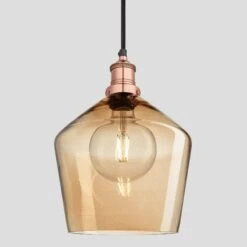 Brooklyn Tinted Glass Schoolhouse Pendant - 10 Inch - Amber -Lumi Home Shop 10 Inch Pendant Tinted Glass Amber Schoolhouse Copper Brooklyn BR TGL SHP10 A CH Lit