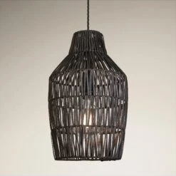Boho Rattan Ceiling Pendant Light - 11 Inch - Vase - Black