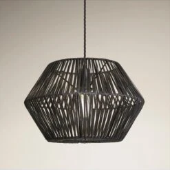 Boho Rattan Ceiling Pendant Light - 15 Inch - Hex - Black