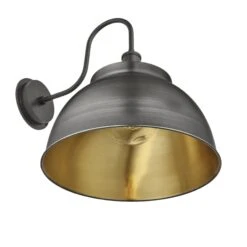 Swan Neck Outdoor & Bathroom Dome Wall Light - 17 Inch - Pewter & Brass - Pre-order - Expected W/c 13th Of May -Lumi Home Shop 17 Inch WallLight Pewter Brass Industville Lighting Dome BrassHolder GlobeGlass SwanNeck IP65 SN IP65 DWL17 BP BH GLG