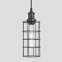 Brooklyn Wire Cage Pendant - 5 Inch - Pewter - Cylinder