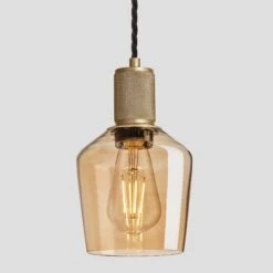 Knurled Tinted Glass Schoolhouse Pendant - 5.5 Inch - Amber -Lumi Home Shop 5.5 Inch Pendant Glass Industville Lighting Schoolhouse BrassHolder Knurled KN TGL SHP5 A BH