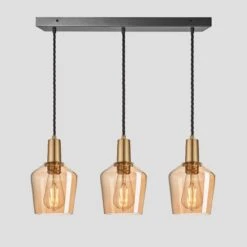 Sleek Tinted Glass Schoolhouse 3 Wire Oval Cluster Lights - 5.5 Inch - Amber -Lumi Home Shop 5.5 Inch Pendant Glass Industville Lighting Schoolhouse BrassHolder Sleek SL TGL SH5 3WCL A BH