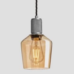 Knurled Tinted Glass Schoolhouse Pendant - 5.5 Inch - Amber -Lumi Home Shop 5.5 Inch Pendant Glass Industville Lighting Schoolhouse PewterHolder Knurled KN TGL SHP5 A PH