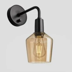 Sleek Tinted Glass Schoolhouse Wall Light - 5.5 Inch - Amber -Lumi Home Shop 5.5 Inch WallLight Glass Industville Lighting Schoolhouse BlackHolder Sleek SL TGL SHWL5 A BKH Angled