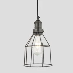 Brooklyn Wire Cage Pendant - 6 Inch - Pewter - Cone -Lumi Home Shop 6 Inch Pendant Pewter Industville Lighting Cone PewterHolder Brooklyn BR WCP6 P CN PH