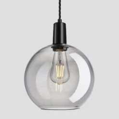 Sleek Tinted Glass Globe Pendant - 9 Inch - Smoke Grey -Lumi Home Shop 9 Inch Pendant TintedGlassSmokeGrey Industville Lighting Globe BlackHolder Sleek SL TGL GLP9 SG BKH w