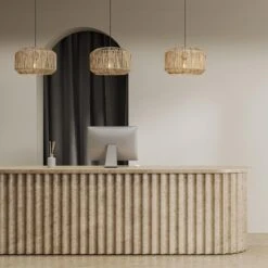 Boho Rattan Ceiling Pendant Light - 18 Inch - Drum - Natural - Pre-order - Expected W/c 17th Of June -Lumi Home Shop BH RA DRP18 N INDUSTVILLE B2B HAIRDRESSER SHOP AdobeStock 633976549copy 1