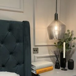 Sleek Tinted Glass Schoolhouse Pendant - 10 Inch - Smoke Grey -Lumi Home Shop SL TGL SHP10 SG PH LR INDUSTVILLE B2C BEDROOM BED BEDSIDE TABLE GREY PLANT homeatislandview