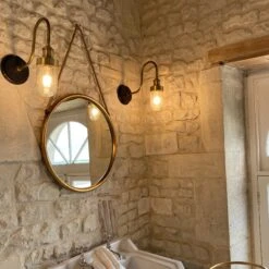Swan Neck Outdoor & Bathroom Wall Light - Brass - Tube Glass -Lumi Home Shop SN IP65 WL BHRINDUSTVILLEB2BBATHROOMLUXURYAPARTMENTHOTELCHATEAUrestore the chateau