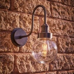 Swan Neck Outdoor & Bathroom Wall Light - Pewter - Globe Glass 11 Swan Neck Outdoor & Bathroom Wall Light - Pewter - Globe Glass -Lumi Home Shop SN IP65 WL P GLG In Situ Angled