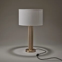 Knurled Pillar Table Lamp - Brass -Lumi Home Shop table lamp knurled pillar brass lampshade large drum white KN PILTL B W LDR grey background